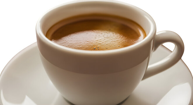 Close up of a hot cup of espresso coffee with crema on a white saucer - Powered by Adobe