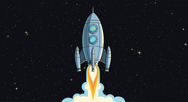 A retro pixel art rocket blasts off into the starry night sky leaving a trail of fiery exhaust behind it.