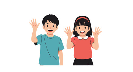 Obraz premium Two smiling children waving hello with excitement and joy.