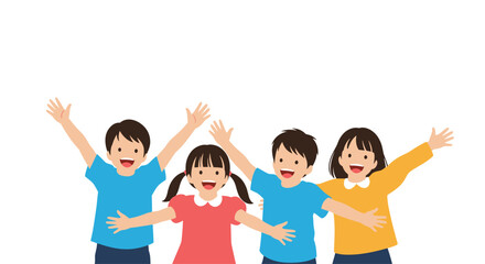 Diverse group of happy children with arms raised in celebration.