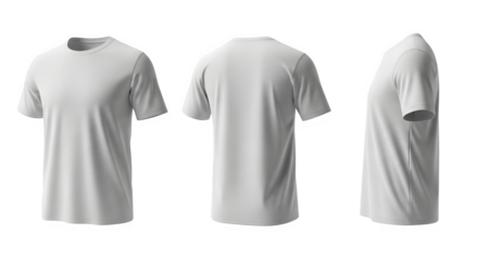 Blank white t shirts displayed from front back and side views