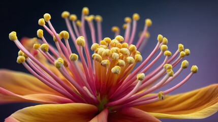 Fototapeta premium Vibrant macro close-up of flower center with yellow pollen grains in bloom