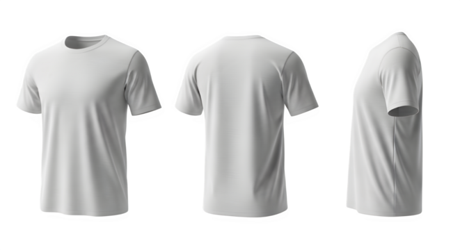 Blank white t shirts displayed from front back and side views
