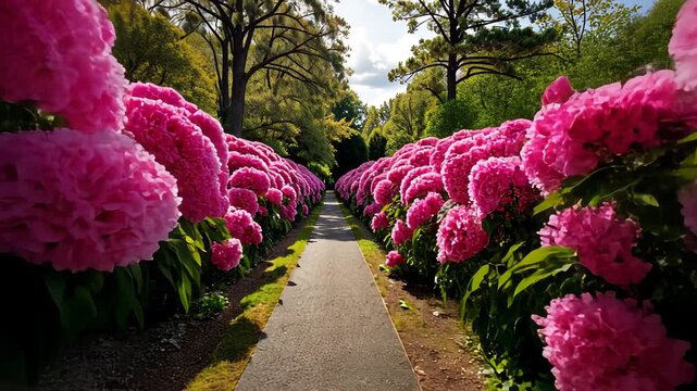 Stunning Bloom-Filled Avenue with Lush Pink Flowers Lining a Serene Pathway Under a Canopy of Green Trees on a Bright Sunny Day
