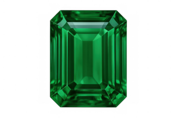 Emerald cut green gemstone on transparent background representing luxury, wealth, and precious jewelry