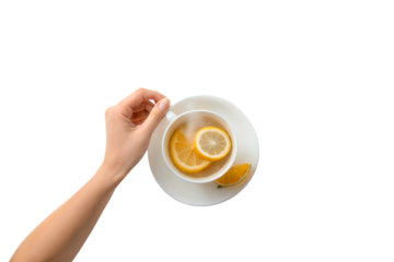 A woman's hand holding a white cup with lemon tea. Separate images on a transparent background