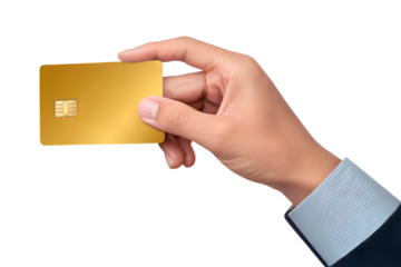 A hand holding an empty gold credit card for payment or a mockup, on a transparent background