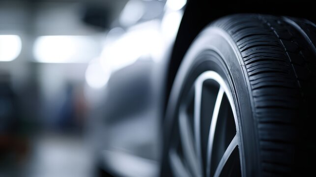 Tire at car repair service garage background, mechanic replacing wheel for seasonal change, automotive maintenance concept