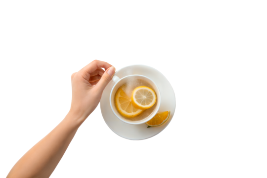 A woman's hand holding a white cup with lemon tea. Separate images on a transparent background