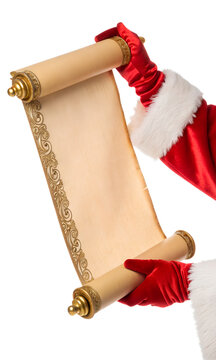 Santa's hand holding the open scroll is isolated