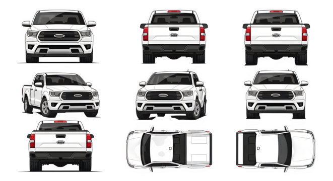 Collection of white pickup truck angles isolated on black background