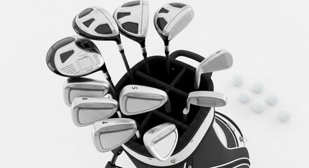 A monochrome image showcasing a golf bag filled with clubs and several golf balls scattered nearby on white