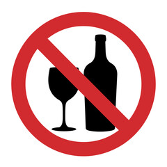 A prohibition sign with a wine bottle and glass isolated on transparent background, indicating no alcohol allowed, representing restrictions and regulations