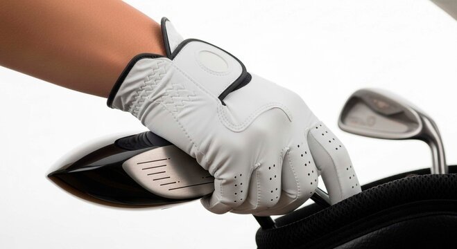 A gloved hand holding a golf club next to other clubs in a black golf bag on a white background