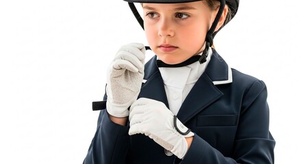 A young equestrian adjusting her helmet strap wearing a riding jacket and white gloves on white background