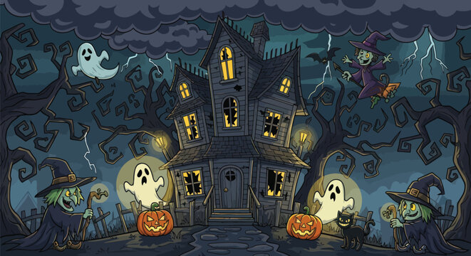 Spooky Halloween haunted house with ghosts, pumpkins, and witches galore