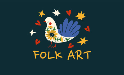Folk art animal bird and floral hearts in scandinavian star pattern.
