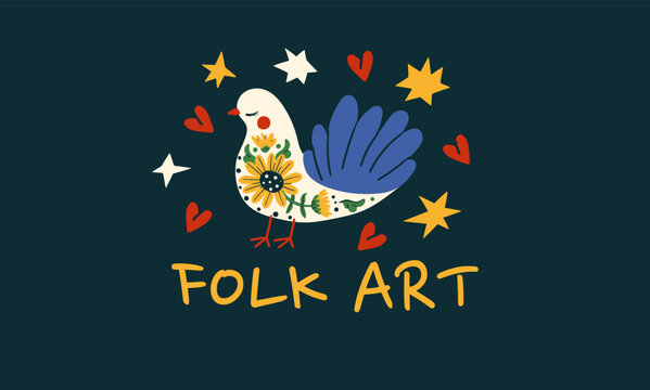 Folk art animal bird and floral hearts in scandinavian star pattern.