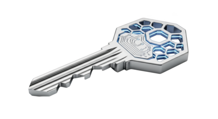 Futuristic Digital Key with Circuit Board Pattern and Glowing Blue Hexagonal Interior on Black Background