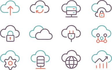 Modern cloud computing icons for data storage, networking, and security solutions in tech and business digital designs and marketing