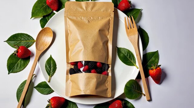 Eco-Friendly Packaging of Mixed Berries Featuring Strawberries, Raspberries, and Blackberries on a Decorative Plate with Wooden Utensils and Leaf Garnish