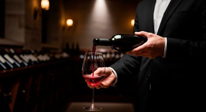 A person in a suit pouring red wine from a bottle into a stemmed glass in a dimly lit wine cellar