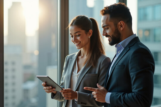 Business colleagues smile as they review data on a tablet in a modern office overlooking the city.