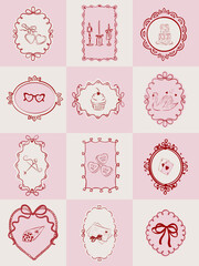 Interior poster for Valentine's Day Love Dove wwith various symbols of romance - hearts, doves, cake, glasses, letters, strawberries, and much more in a frame Vector illustration doodle art