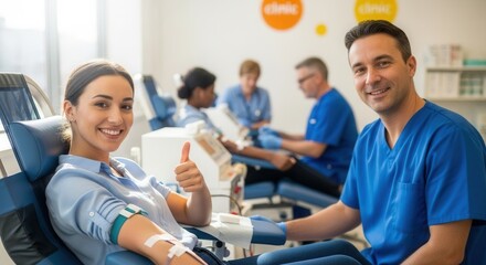 A cheerful woman gives a thumbs up while donating blood in a bright clinic. Medical staff assist patients in a clean, professional environment.
