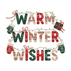 Warm Winter Wishes typography in knitted wool texture letters with ribbons, mittens, and Christmas lights in cozy flat vector design