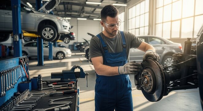 A skilled mechanic repairs a car brake system in a well-lit auto repair shop. The scene conveys professionalism and attention to detail.