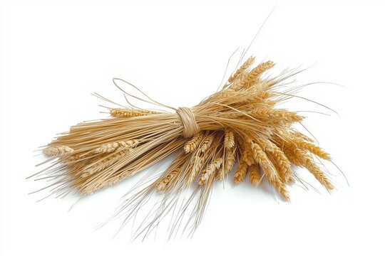 Golden wheat bundle tied with rope, isolated on white background.