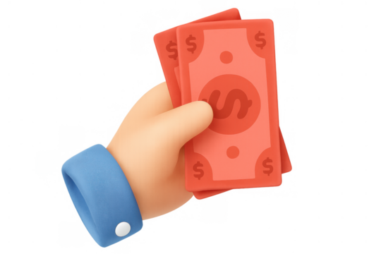 Hand holding red banknotes for payment or financial transaction, representing earning, giving, or receiving cash money