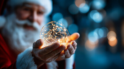 Fototapeta premium Faceless Santa Claus holding glowing christmas ball defocused blue background with bokeh lights festive character celebration magical holiday atmosphere cheerful seasonal