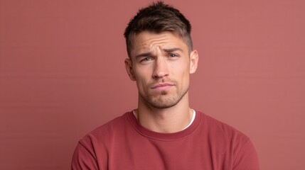 A young man with a serious expression poses against a plain background. The mood is contemplative and introspective, suitable for various themes.