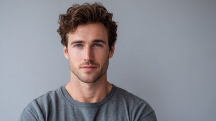 Fototapeta premium A close-up portrait of a young man with curly hair, wearing a gray shirt. The background is neutral, creating a calm and introspective mood.