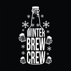 Winter brew crew bold typography bottle design with frosty snowflakes and beer mug icons in clean white vector for T-shirt