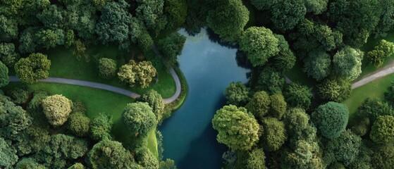 Photorealistic aerial view of lush summer park with serene lake