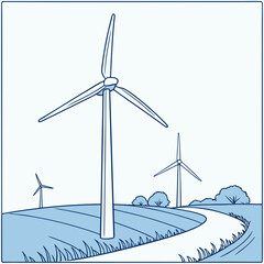Wind turbines in a field with a winding road and trees