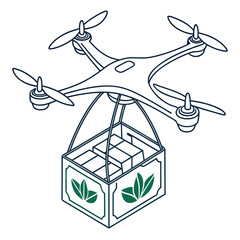 Drone delivering a package with green leaves logo