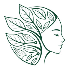 Woman face profile with green leaves and branches forming hair
