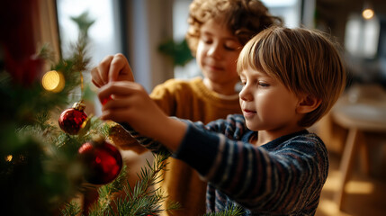Faceless kids decorating Christmas tree together defocused home interior background children's holiday activity family tradition moment festive preparation fun with copy space