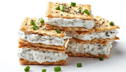Square cracker cream cheese chive black pepper snack appetizer white background - Powered by Adobe