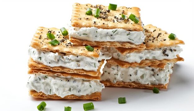 Square cracker cream cheese chive black pepper snack appetizer white background