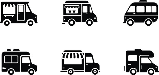 Set of black food truck icons, street food van, mobile cafe, delivery vehicle, restaurant transportation, vector silhouette design illustration