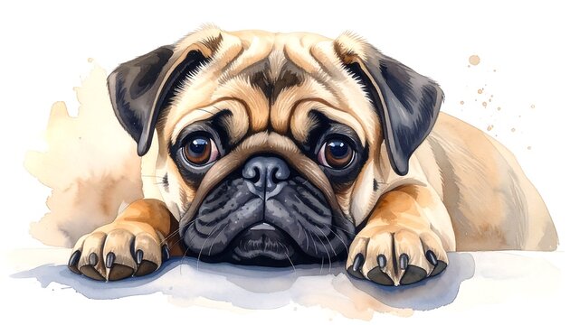 A close-up watercolor painting of a pug dog, with large, expressive eyes and a concerned expression, resting on a white surface