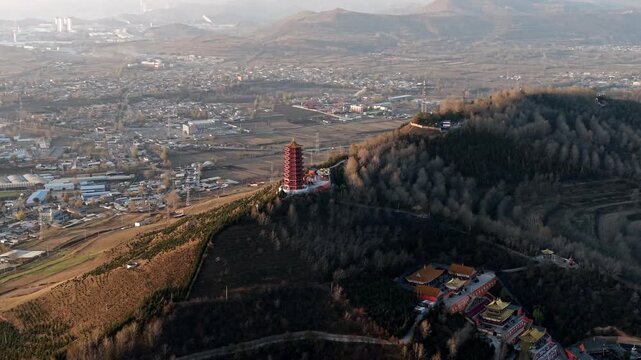 Aerial shot of Liu Qishan Temple in Xining