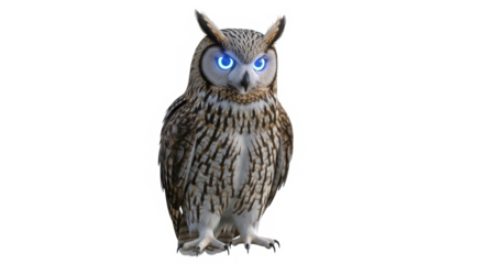 Detailed realistic owl figurine with bright glowing blue eyes standing upright isolated on transparent background