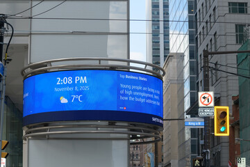 Fototapeta premium date and time with weather info on LED ring sign outside First Canadian Place, BMO, Bank of Montreal headquarters, King and Bay, Toronto