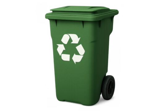 Green recycling bin with recycle symbol, promoting waste management, ecology, and environmental conservation, transparent background - Powered by Adobe